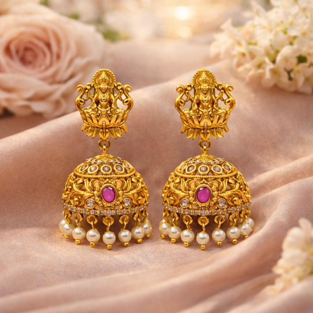 Lakshmi Temple CZ Ruby Pearl Jhumka