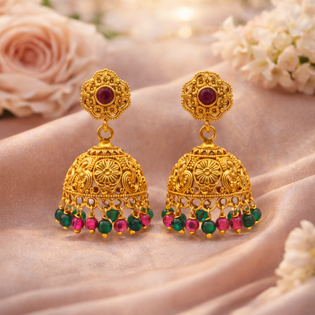 Nakshi Floral Ruby Emerald Jhumka