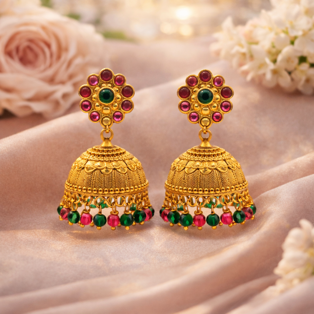 Kemp Floral Ruby Emerald Jhumka