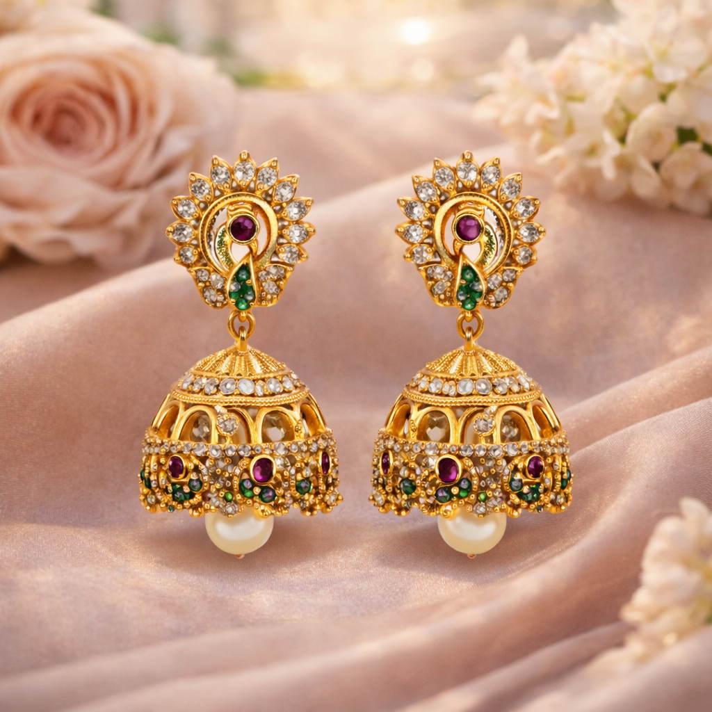 Peacock CZ Ruby Emerald Pearl Jhumka