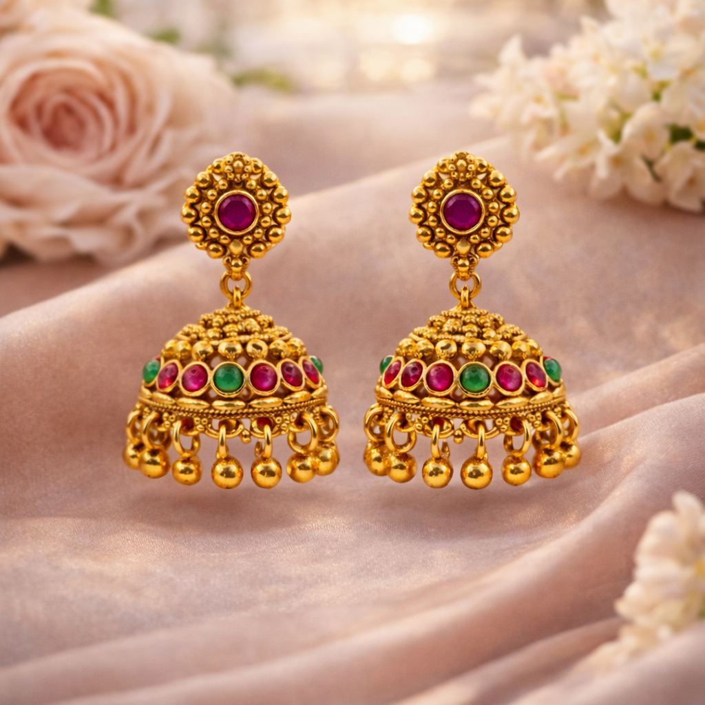 Nakshi Kemp Ruby Emerald Jhumka