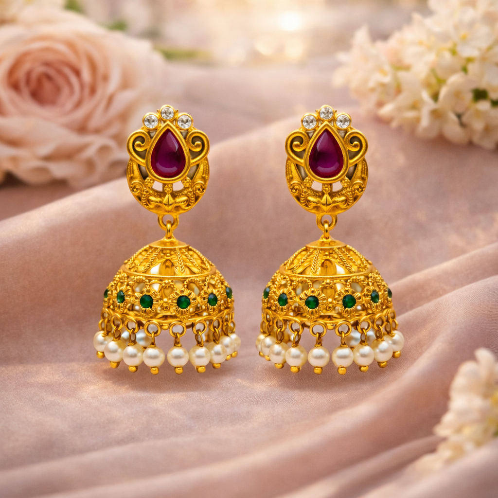 Pear Ruby CZ Filigree Pearl Jhumka