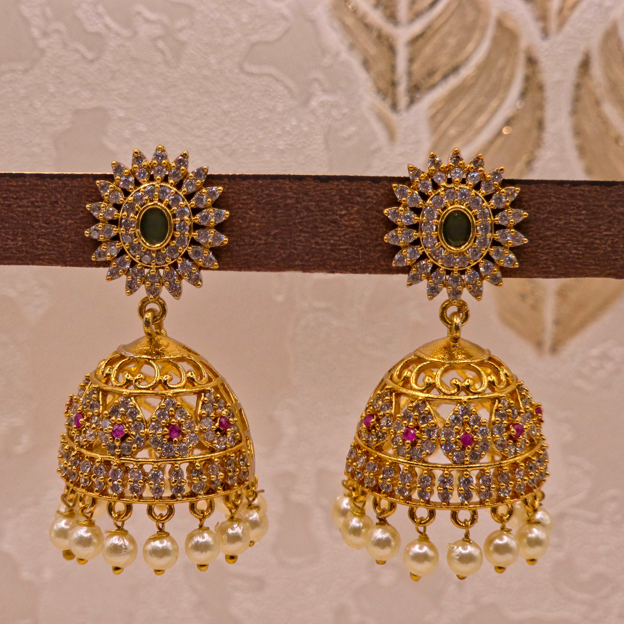 CZ Sunburst Ruby Pearl Jhumka