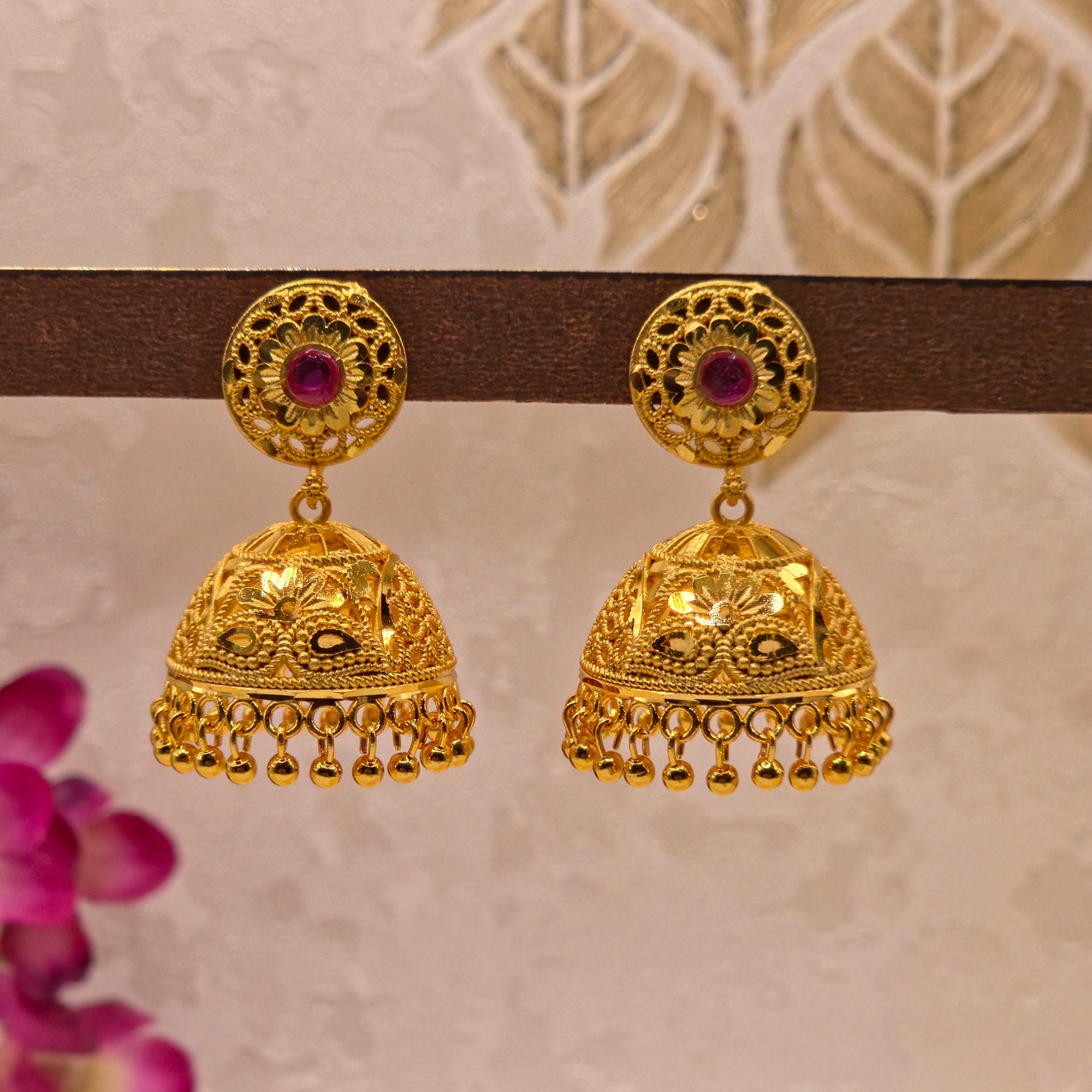 Floral Filigree Ruby Jhumka
