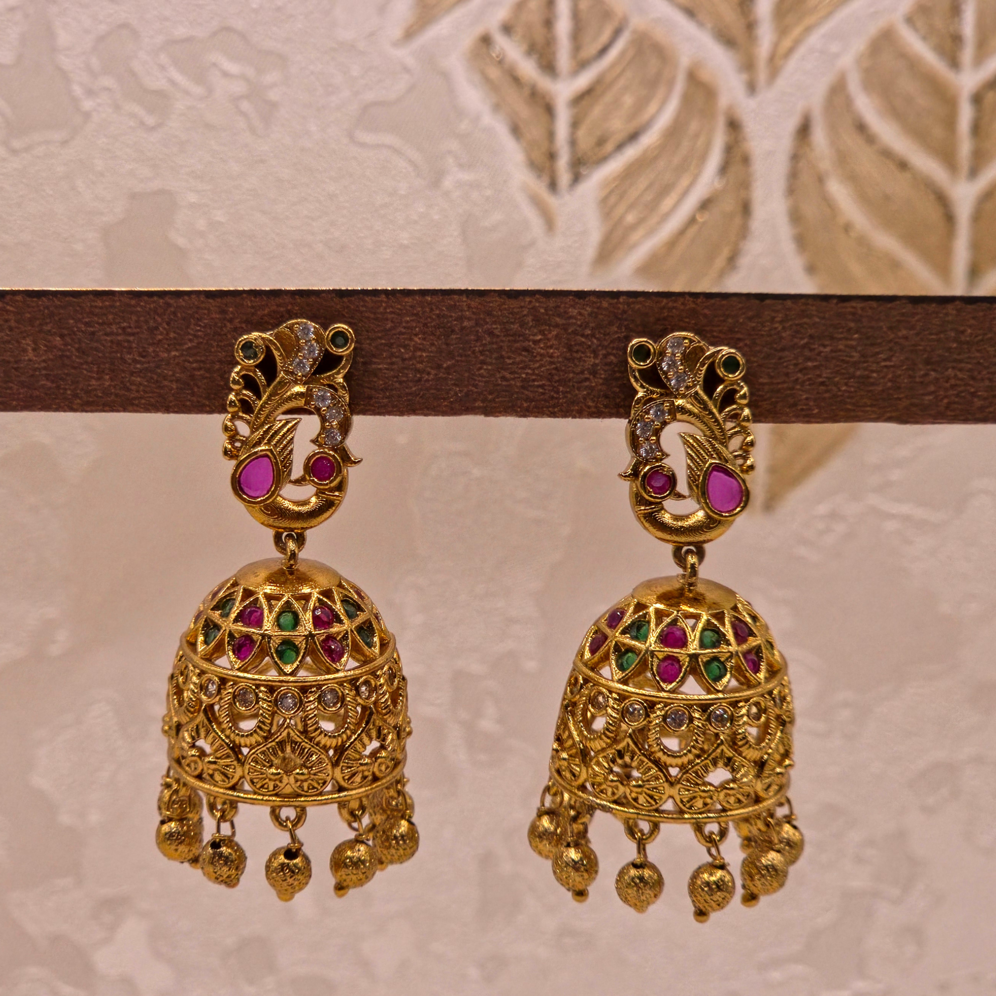 Peacock Filigree Ruby Emerald Jhumka