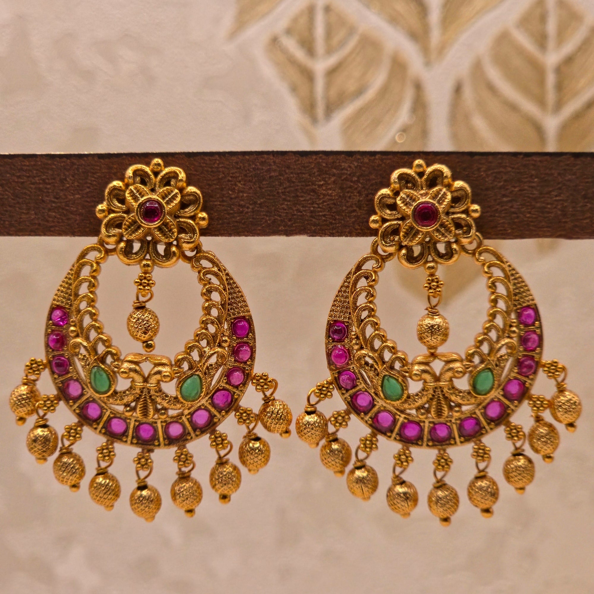 Floral Ruby Emerald Gold Drop Chandbali