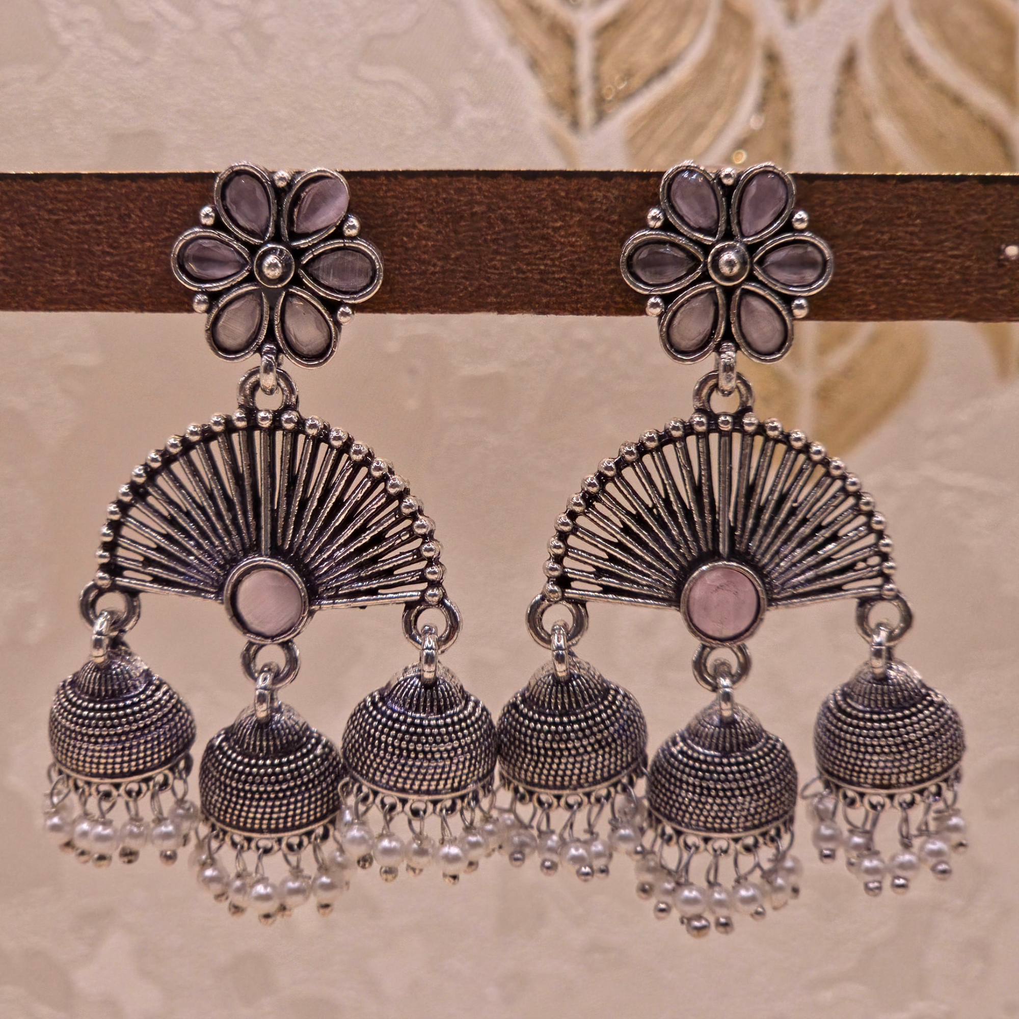 Oxidised Silver Triple Jhumka Earrings – Fan Shape with Grey/Lilac Stone & Pearl