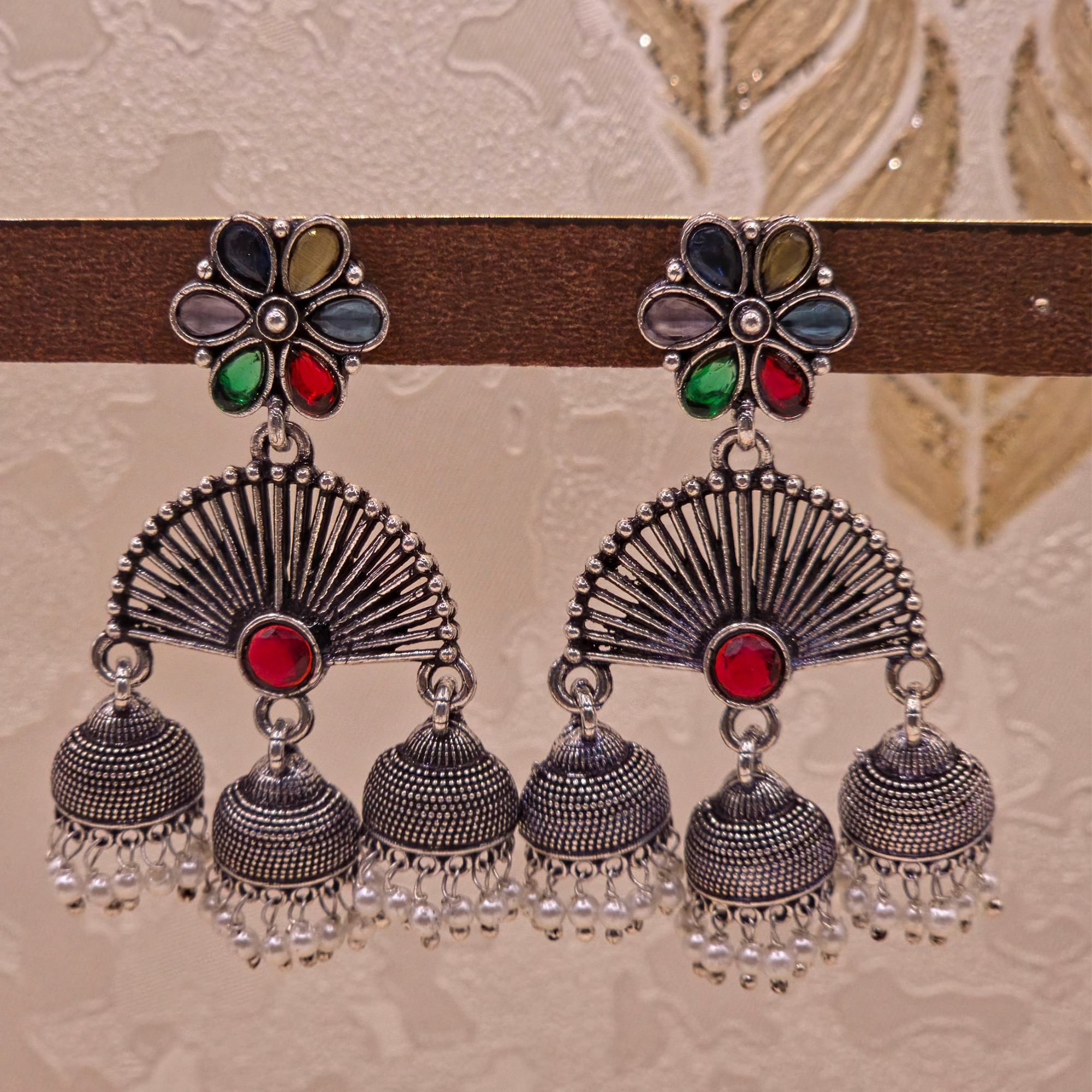 Oxidised Silver Triple Jhumka Earrings – Fan Shape with Multicolour Navratna Stones & Pearl