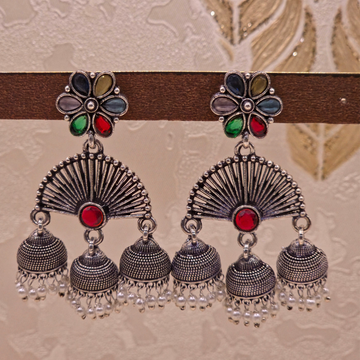 Oxidised Silver Triple Jhumka Earrings – Fan Shape with Multicolour Navratna Stones & Pearl