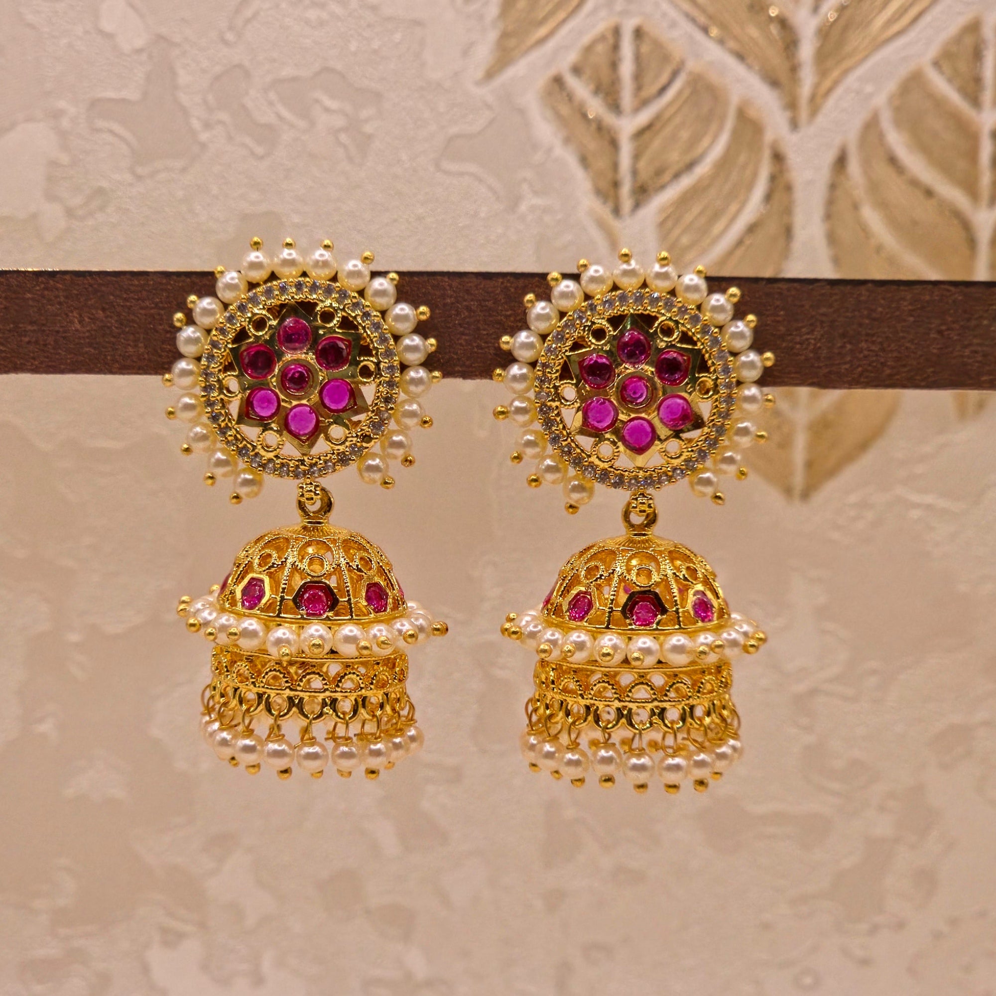 Pearl Ruby CZ Fringe Jhumka
