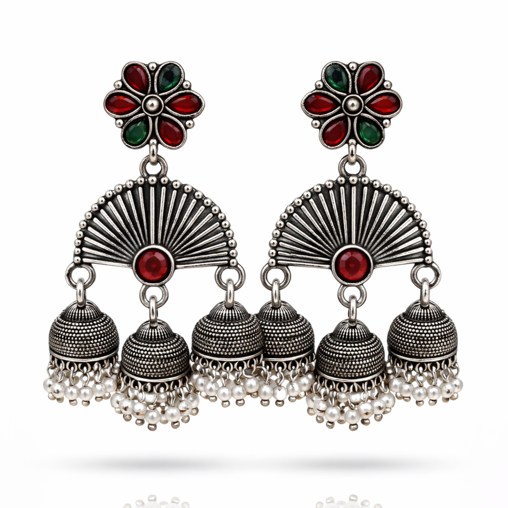 Oxidised Silver Triple Jhumka Earrings – Fan Shape with Ruby, Emerald & Pearl