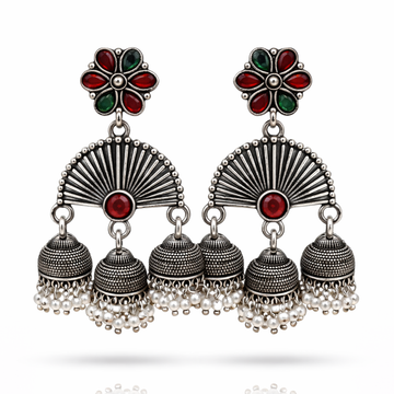 Oxidised Silver Triple Jhumka Earrings – Fan Shape with Ruby, Emerald & Pearl