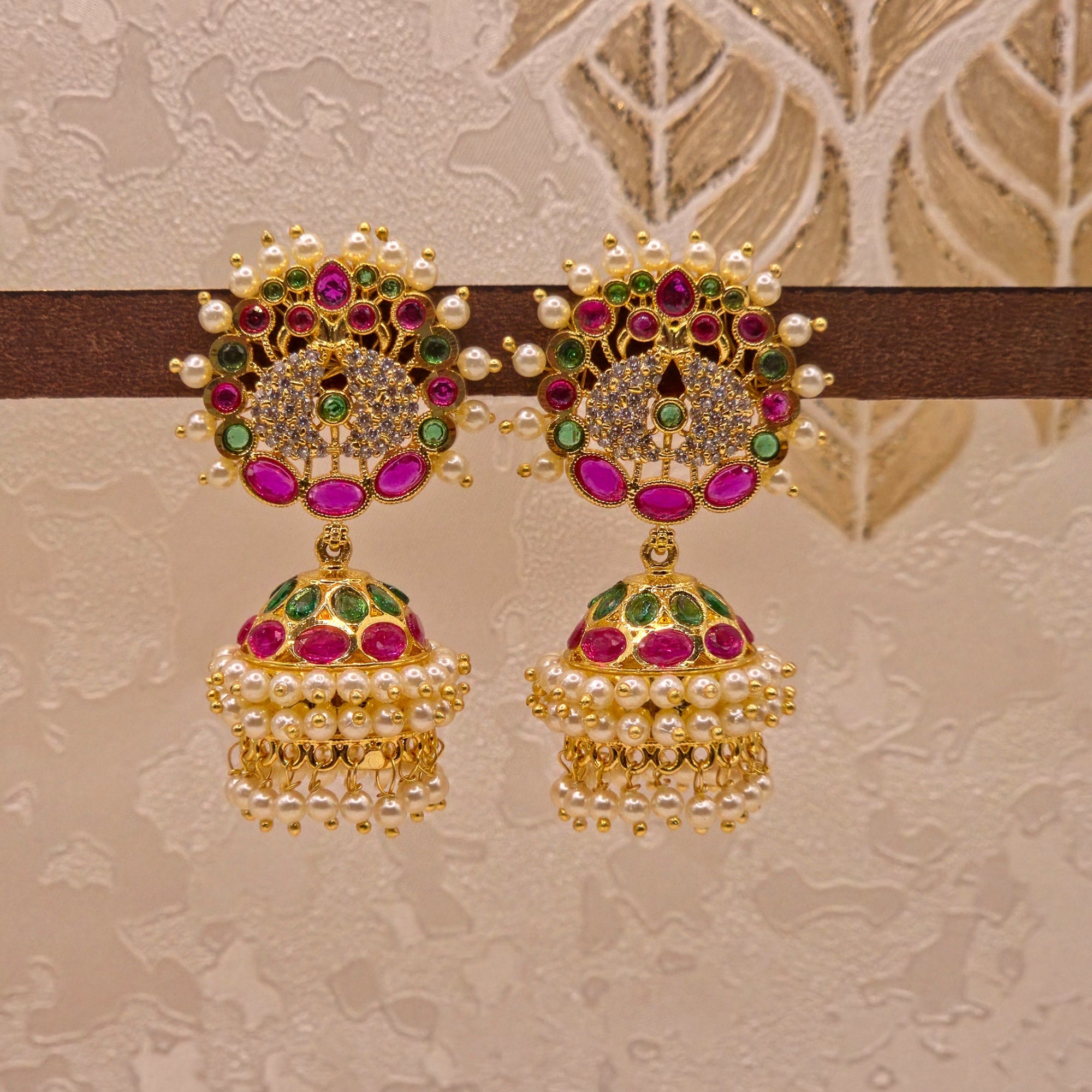 Pearl Cluster Ruby Emerald CZ Jhumka
