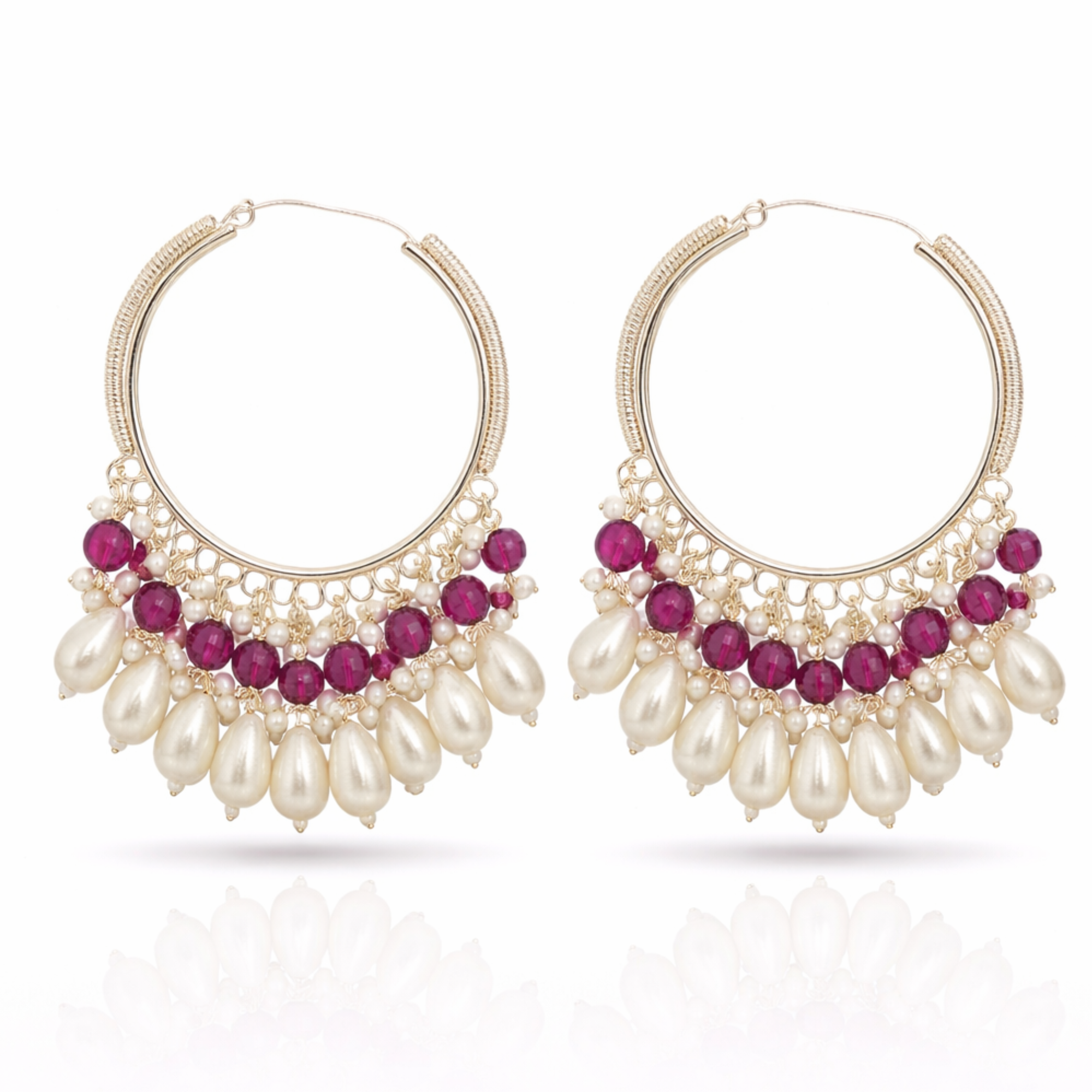 Pearl Ruby Crystal Hoop Earrings