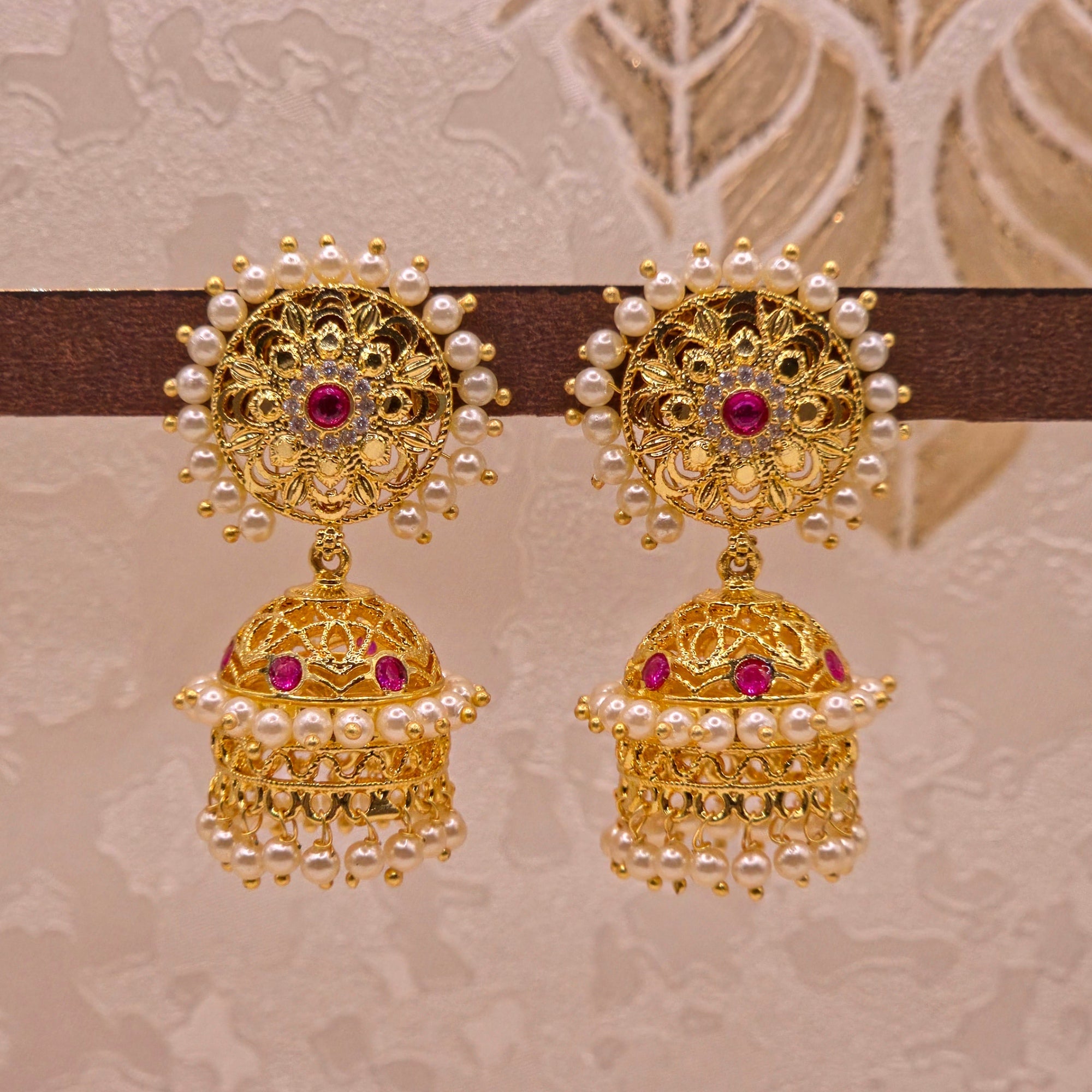 Pearl Sunburst Ruby CZ Jhumka