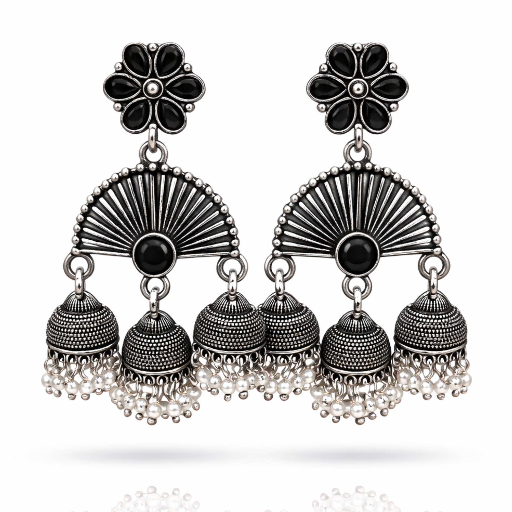 Oxidised Silver Triple Jhumka Earrings – Fan Shape with Black Stone & Pearl