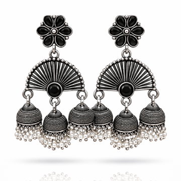 Oxidised Silver Triple Jhumka Earrings – Fan Shape with Black Stone & Pearl