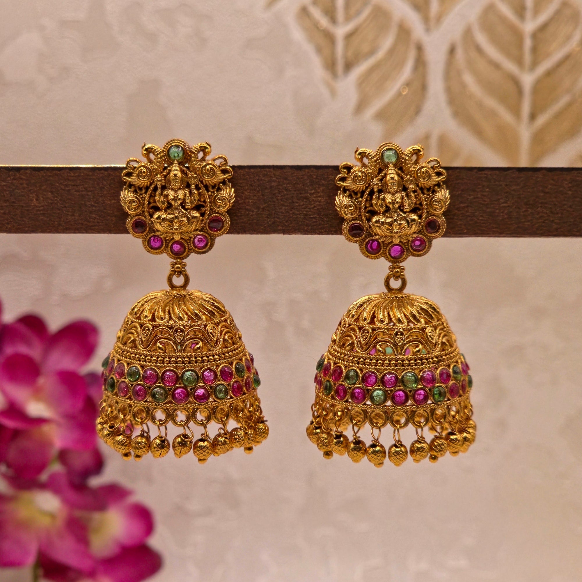 Lakshmi Temple Jhumka Earrings (Ruby & Emerald)