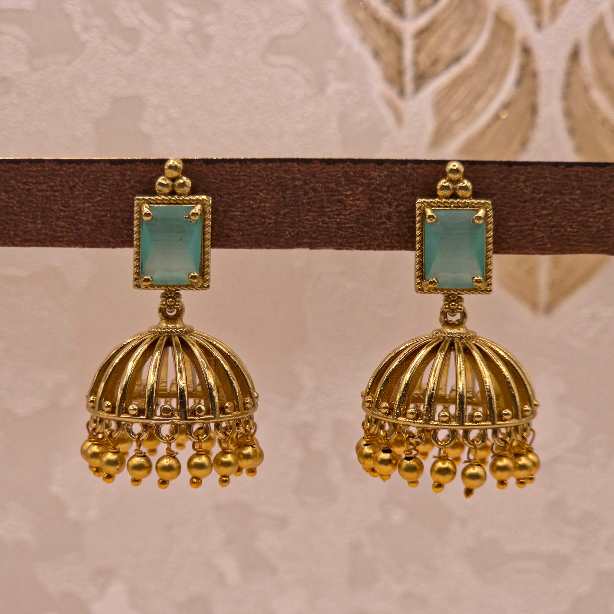 Antique Gold Turquoise Cage Jhumka