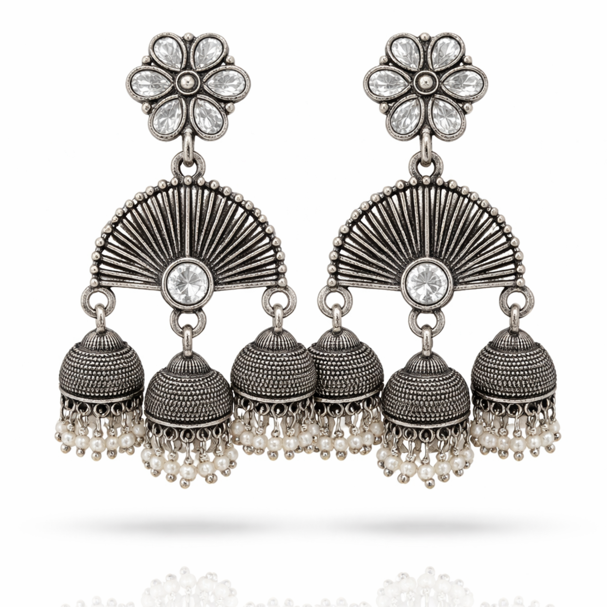 Oxidised Silver Triple Jhumka Earrings – Fan Shape with White CZ Stone & Pearl