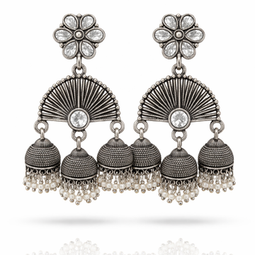 Oxidised Silver Triple Jhumka Earrings – Fan Shape with White CZ Stone & Pearl