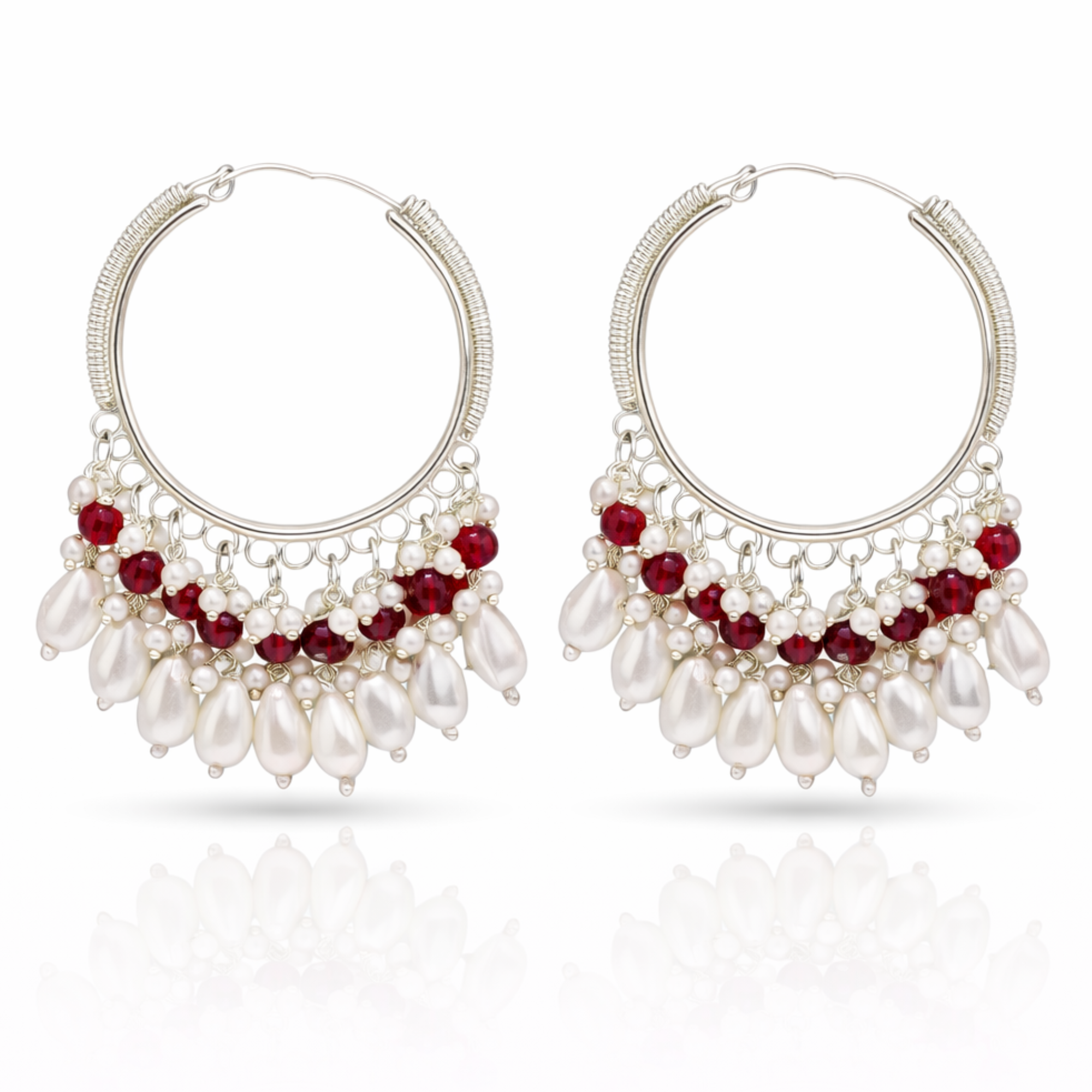Silver Hoop Pearl Red Stone Jhumka