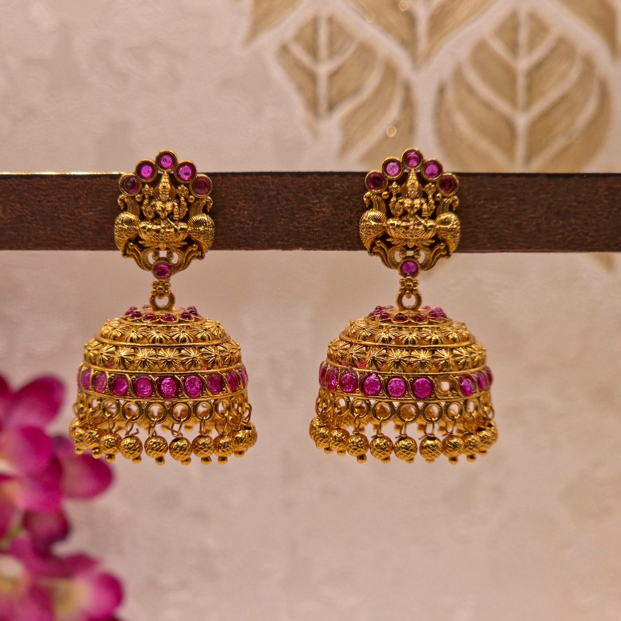 Lakshmi Temple Tiered Jhumka Earrings (Ruby)