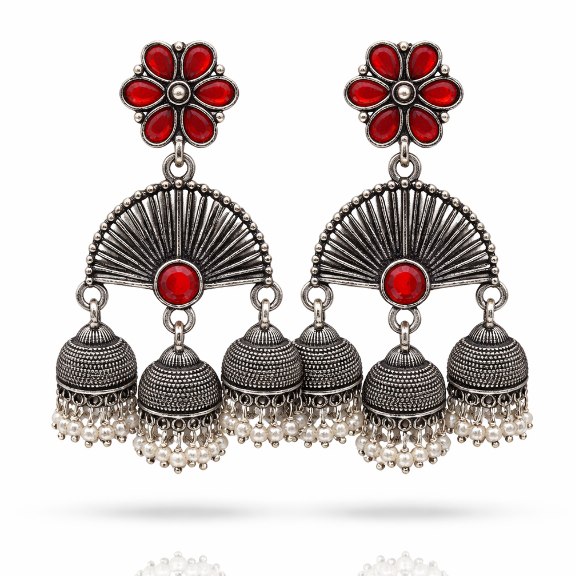 Oxidised Silver Triple Jhumka Earrings – Fan Shape with All-Red Stone & Pearl