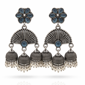 Oxidised Silver Triple Jhumka Earrings – Fan Shape with Blue/Teal Stone & Pearl