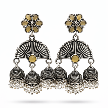 Oxidised Silver Triple Jhumka Earrings – Fan Shape with Yellow/Citrine Stone & Pearl