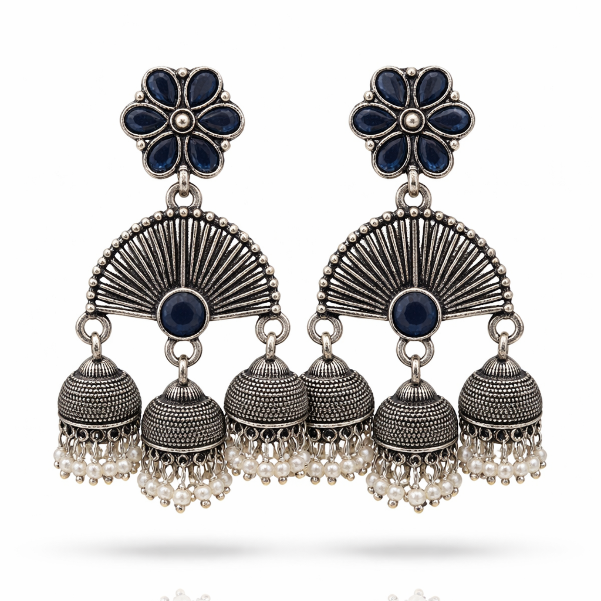 Oxidised Silver Triple Jhumka Earrings – Fan Shape with Navy Blue Stone & Pearl