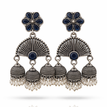 Oxidised Silver Triple Jhumka Earrings – Fan Shape with Navy Blue Stone & Pearl