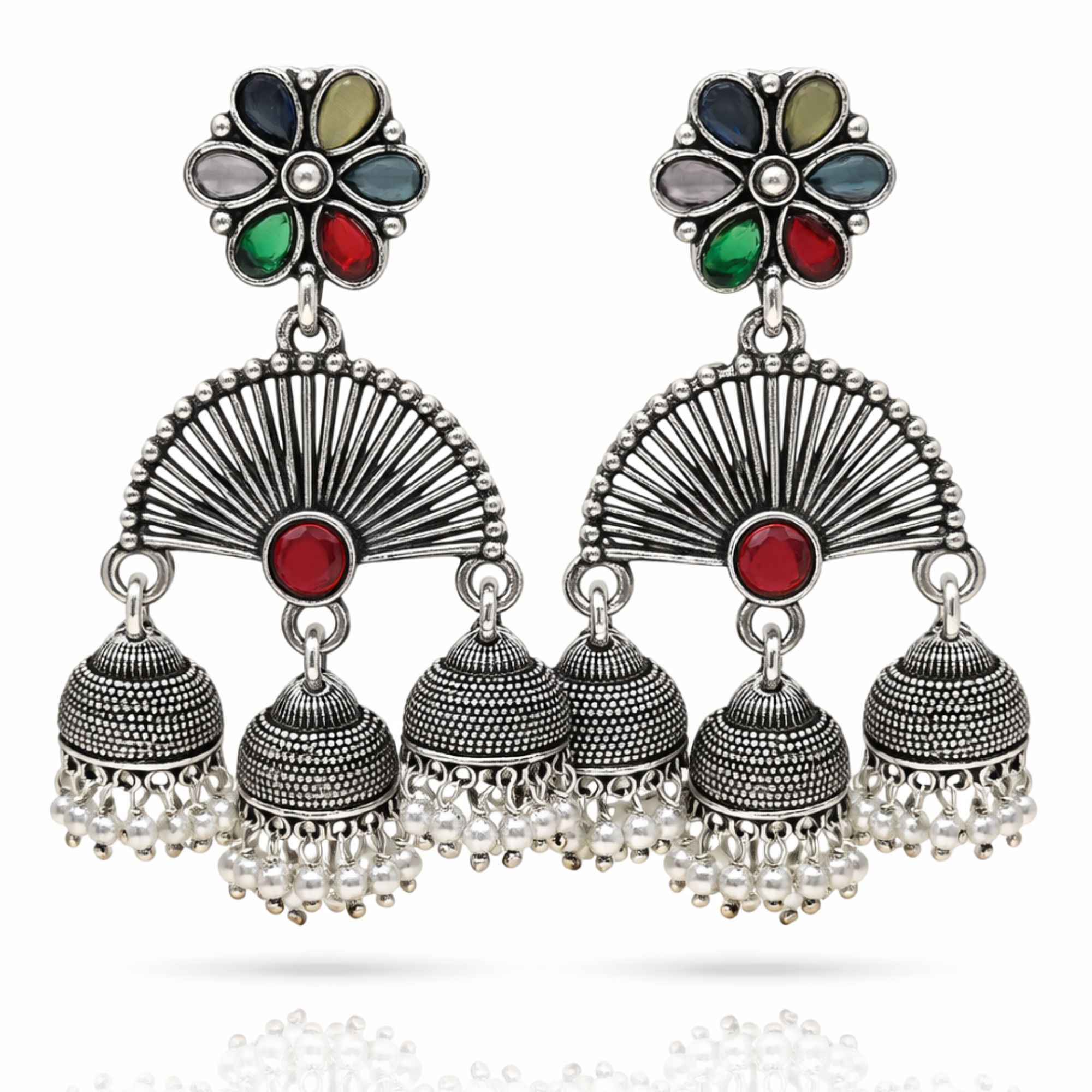 Oxidised Silver Triple Jhumka Earrings – Fan Shape with Cool Multicolour Stone & Pearl