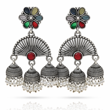 Oxidised Silver Triple Jhumka Earrings – Fan Shape with Cool Multicolour Stone & Pearl