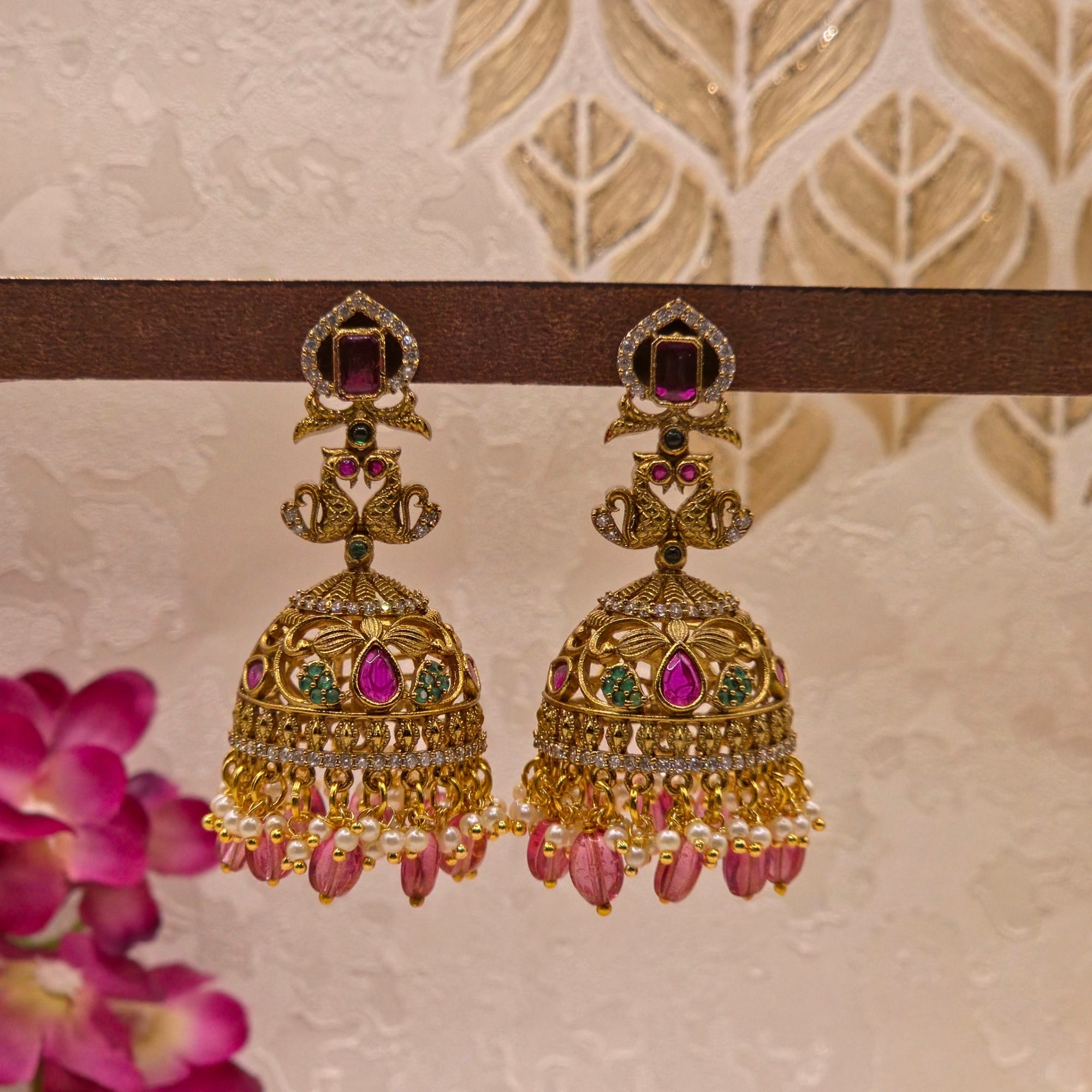 Peacock Pearl Crystal Jhumka