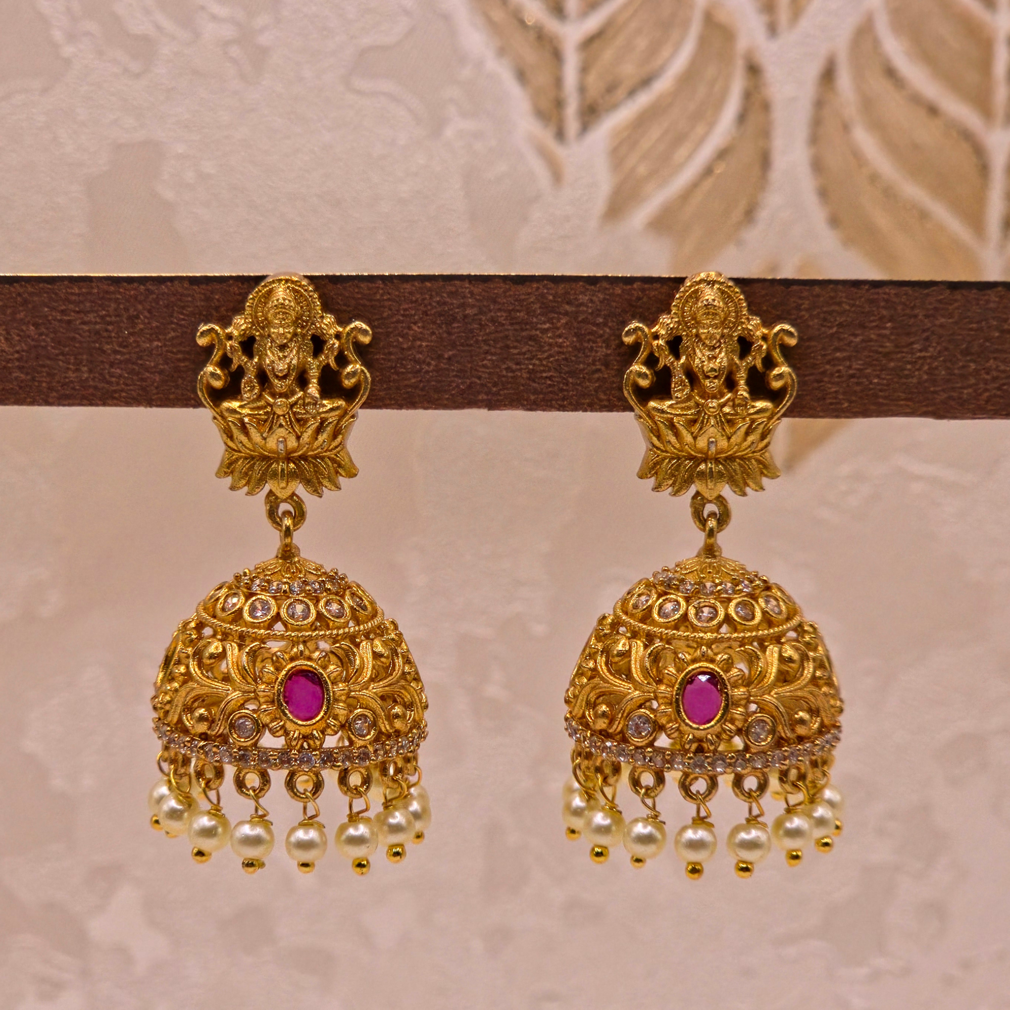Lakshmi Temple CZ Ruby Pearl Jhumka