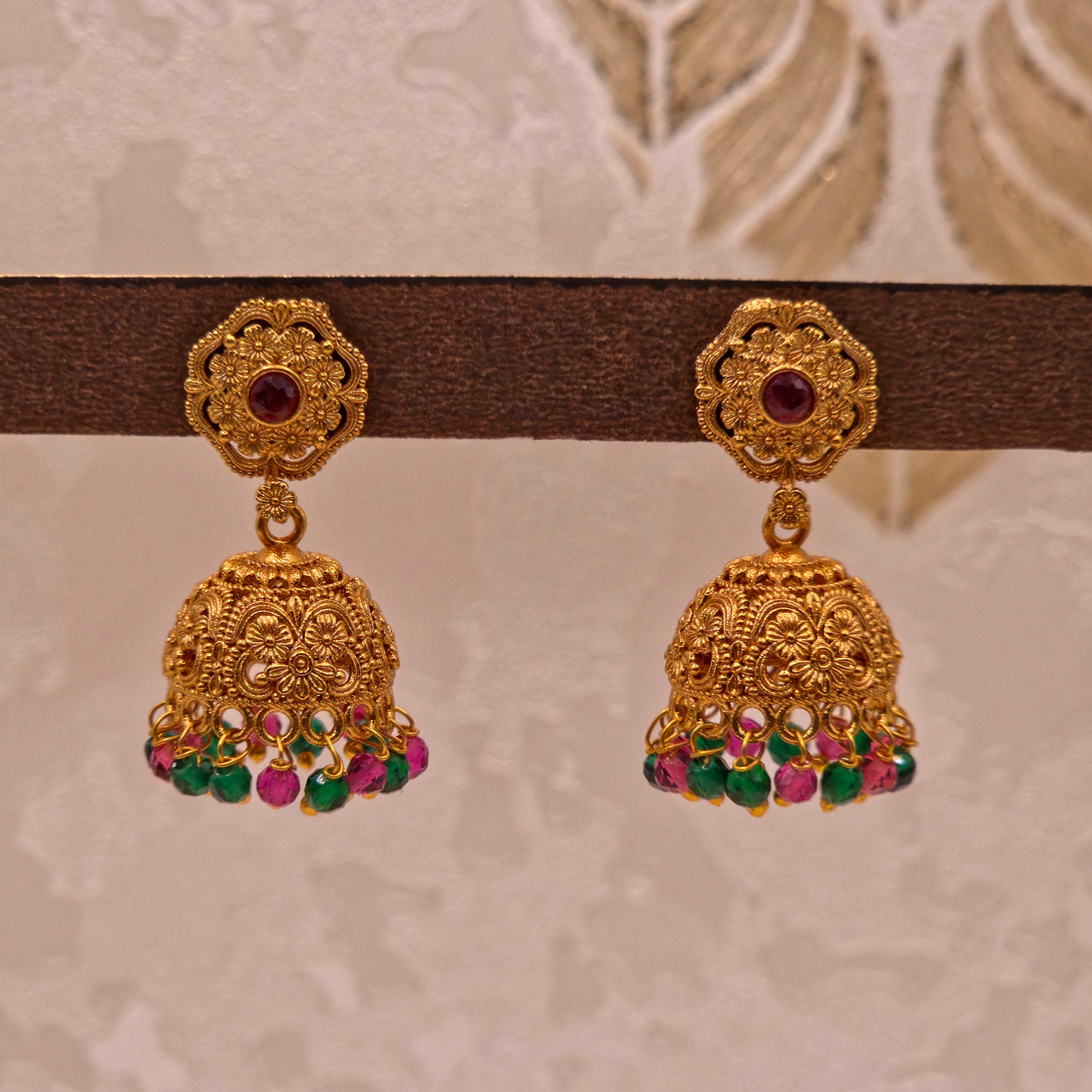 Nakshi Floral Ruby Emerald Jhumka