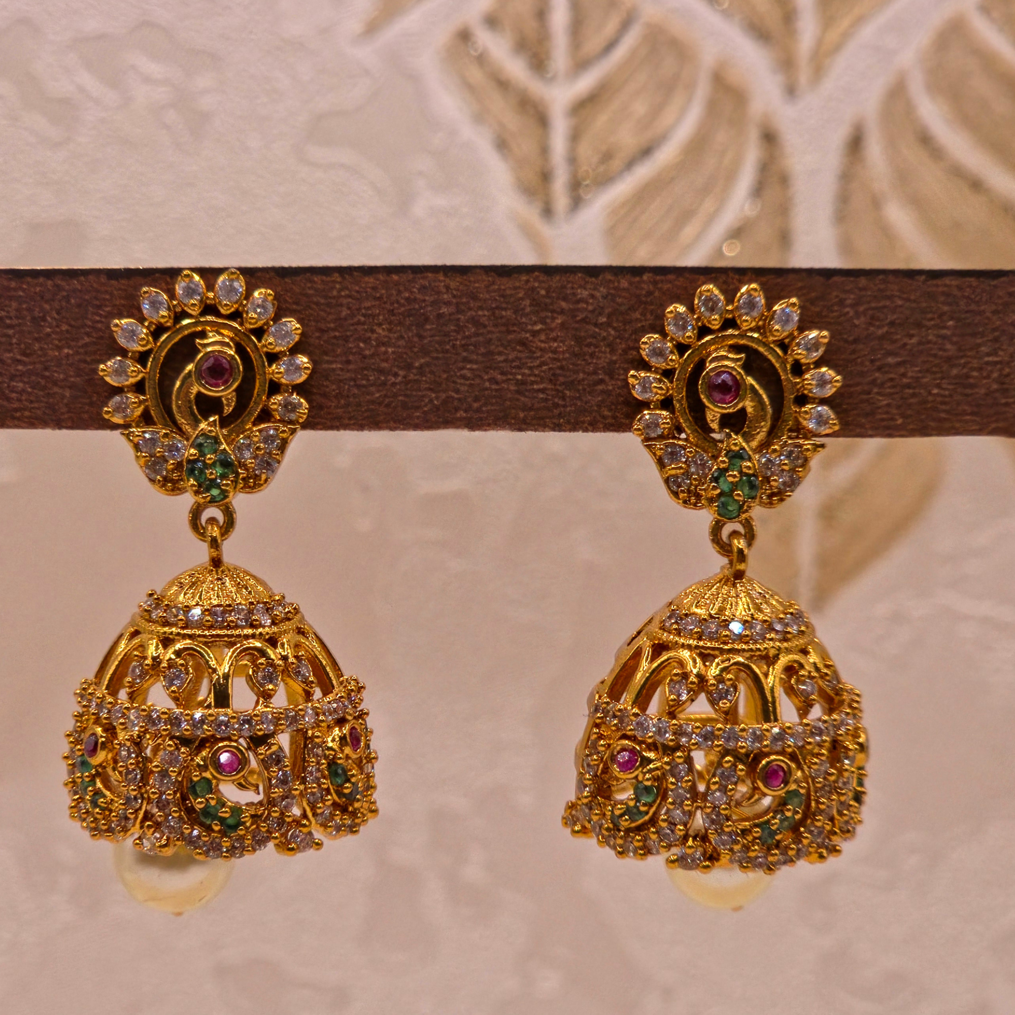 Peacock CZ Ruby Emerald Pearl Jhumka