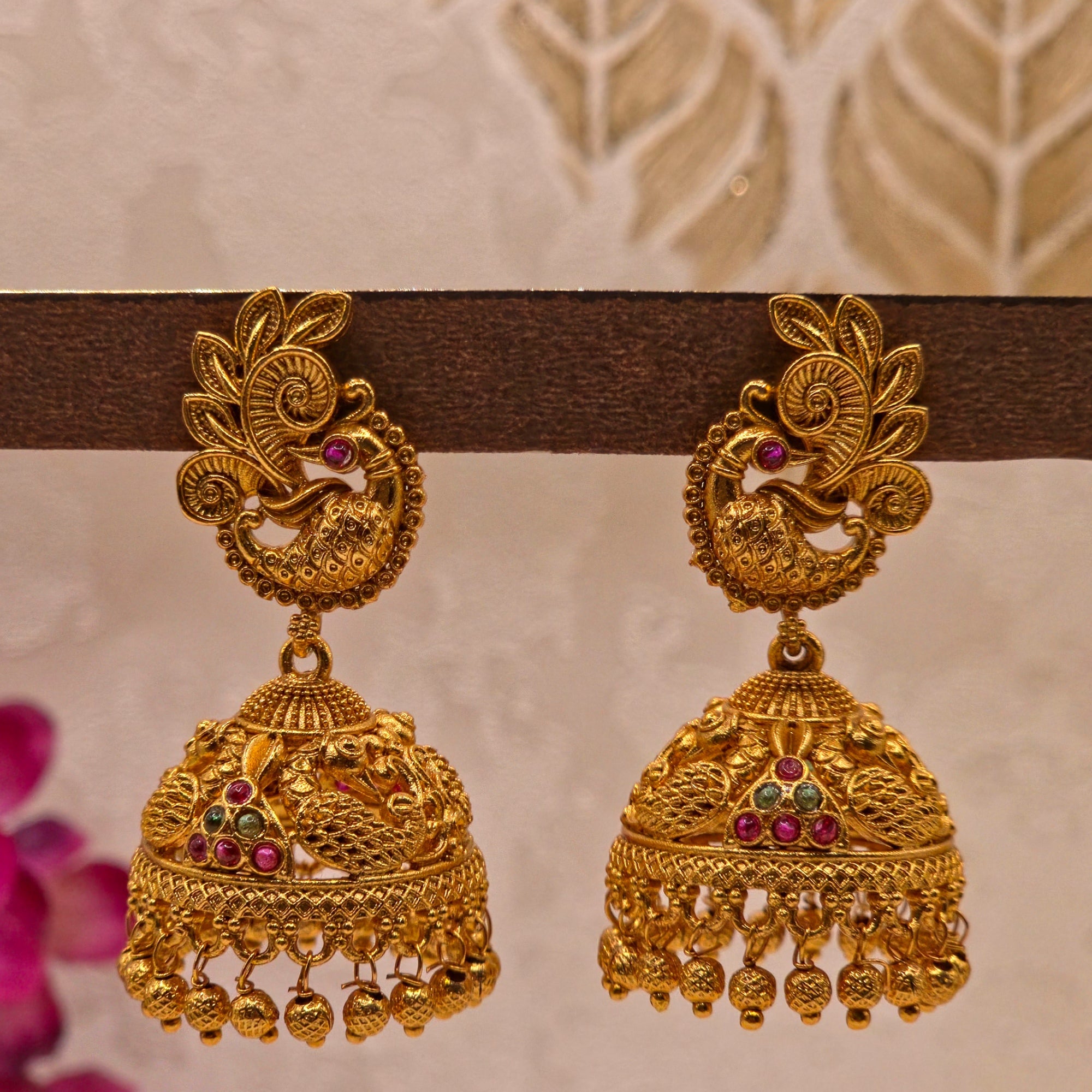 Peacock Temple Ruby Emerald Jhumka