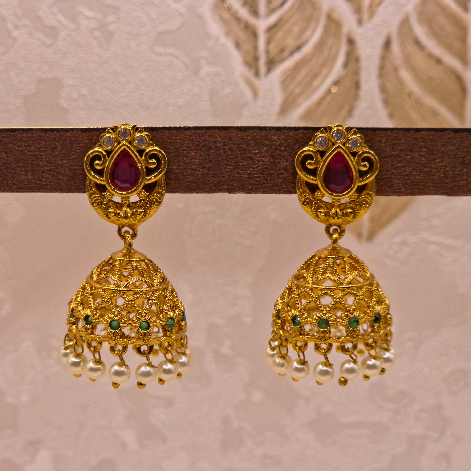 Pear Ruby CZ Filigree Pearl Jhumka