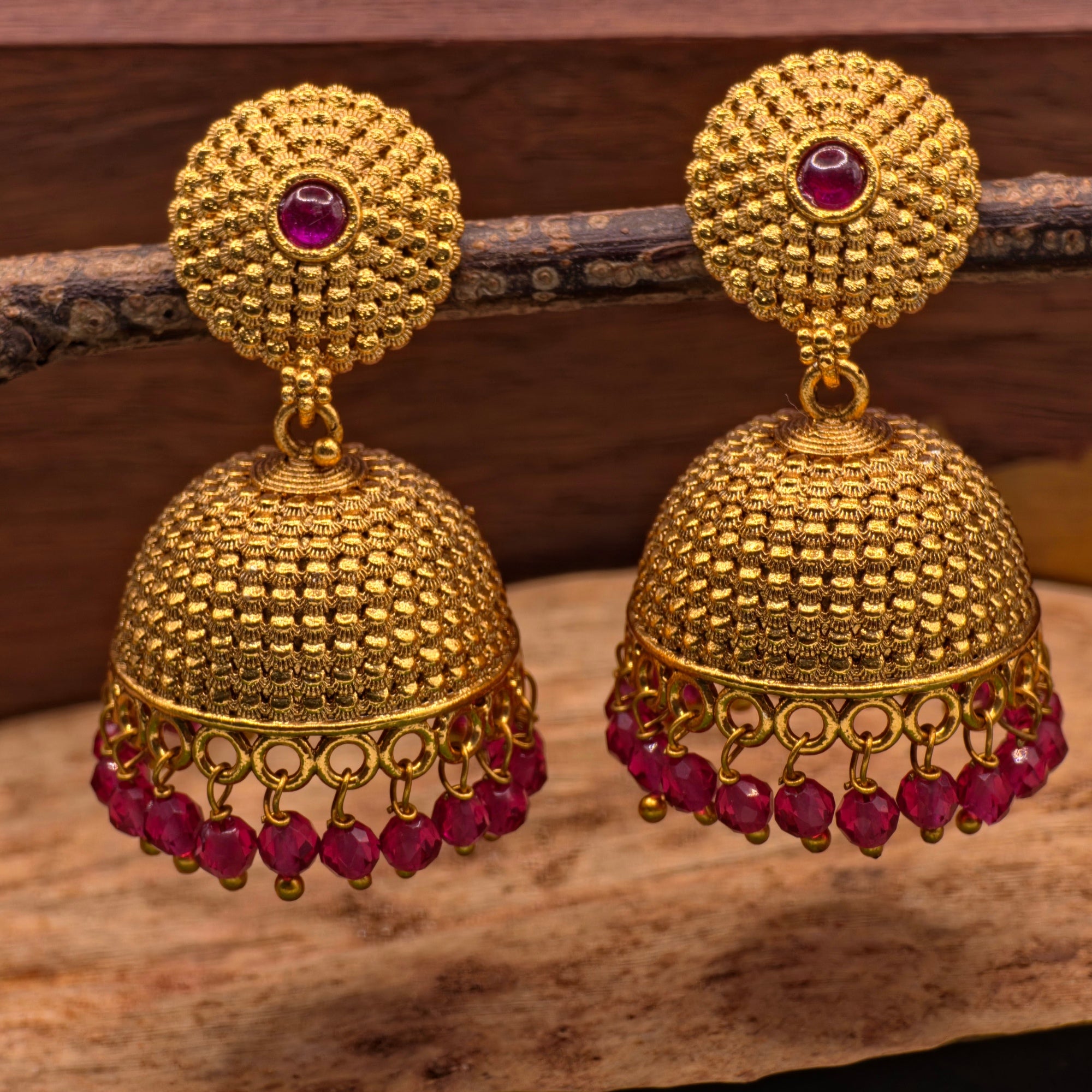Antique Ruby Bead Jhumka Earrings ( Medium )