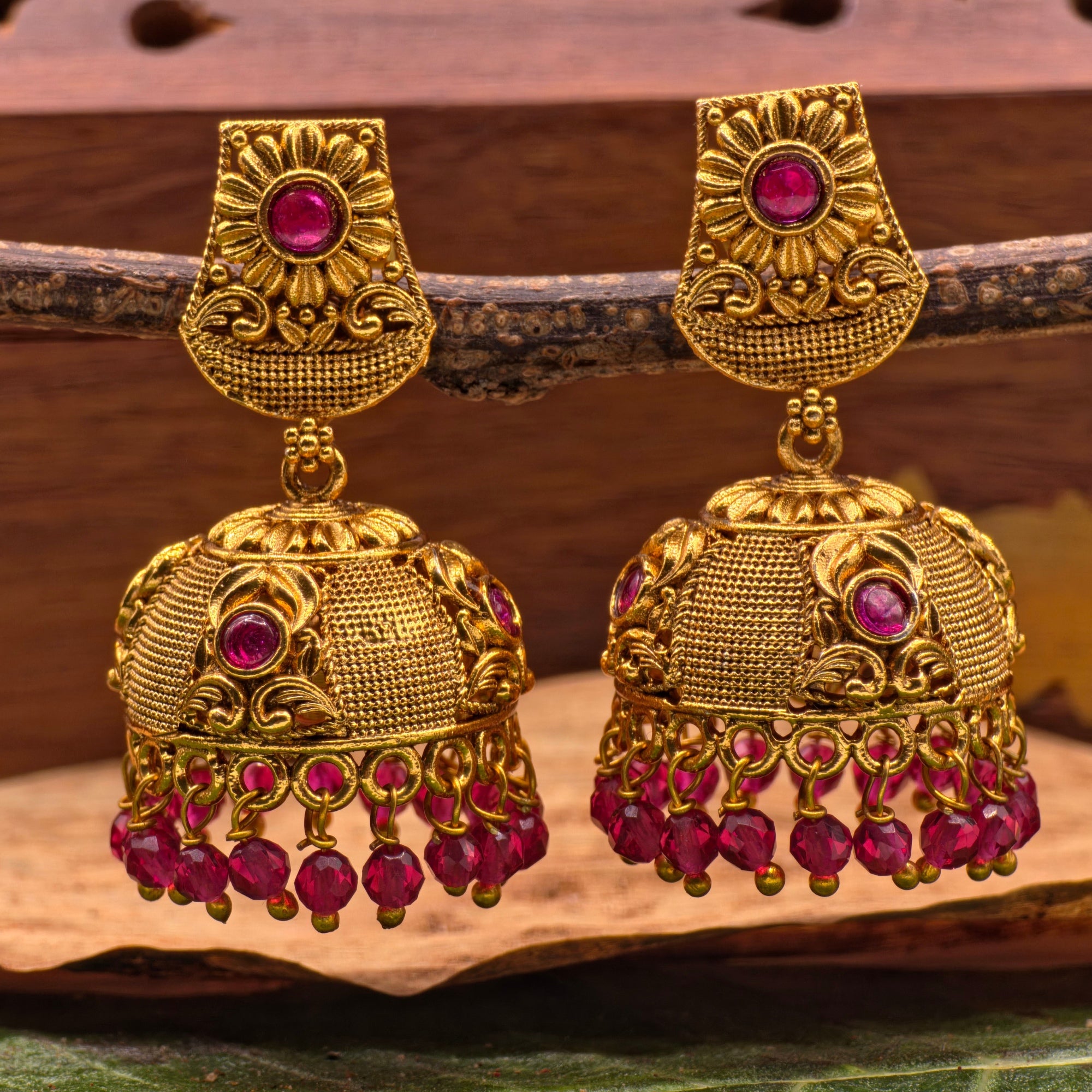 Royal Antique Ruby Jhumka Earrings ( Medium )