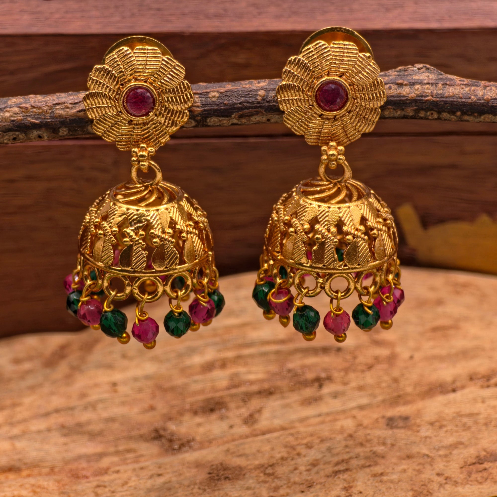Ruby Emerald Bead Jhumka Earrings ( Small )
