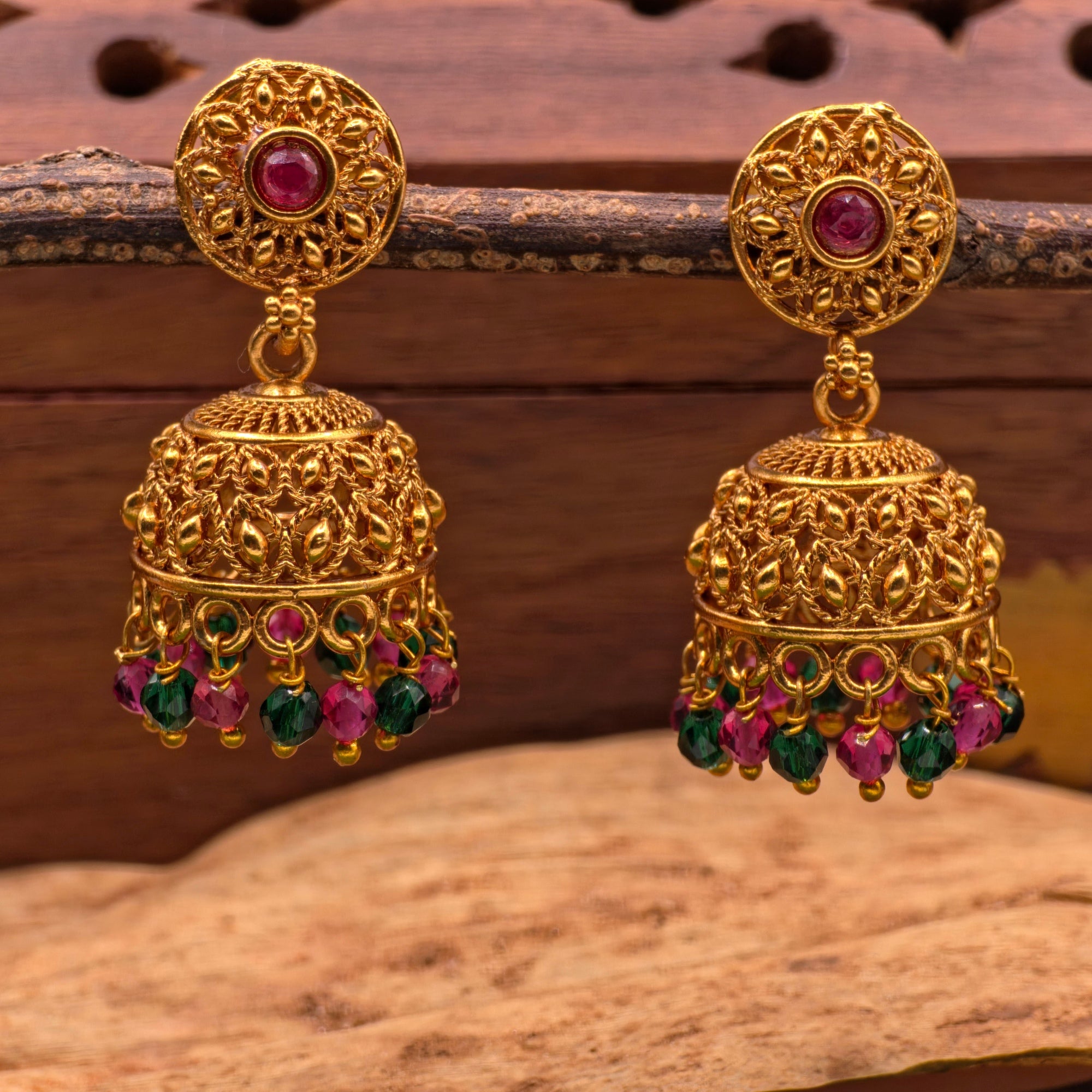 Antique Ruby Emerald Bead Jhumka Earrings (Small)