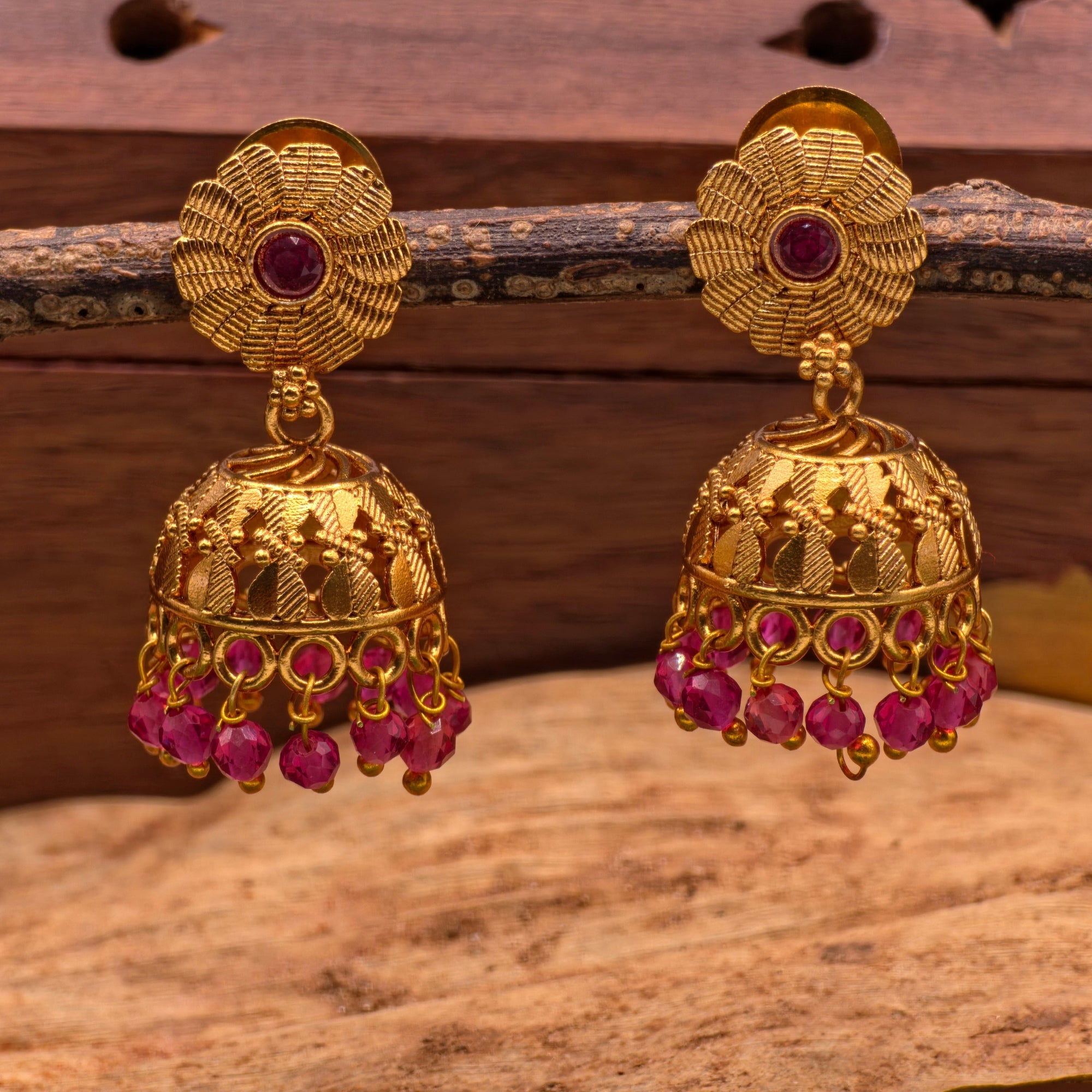 Antique Ruby Blossom Jhumka Earrings (Small)