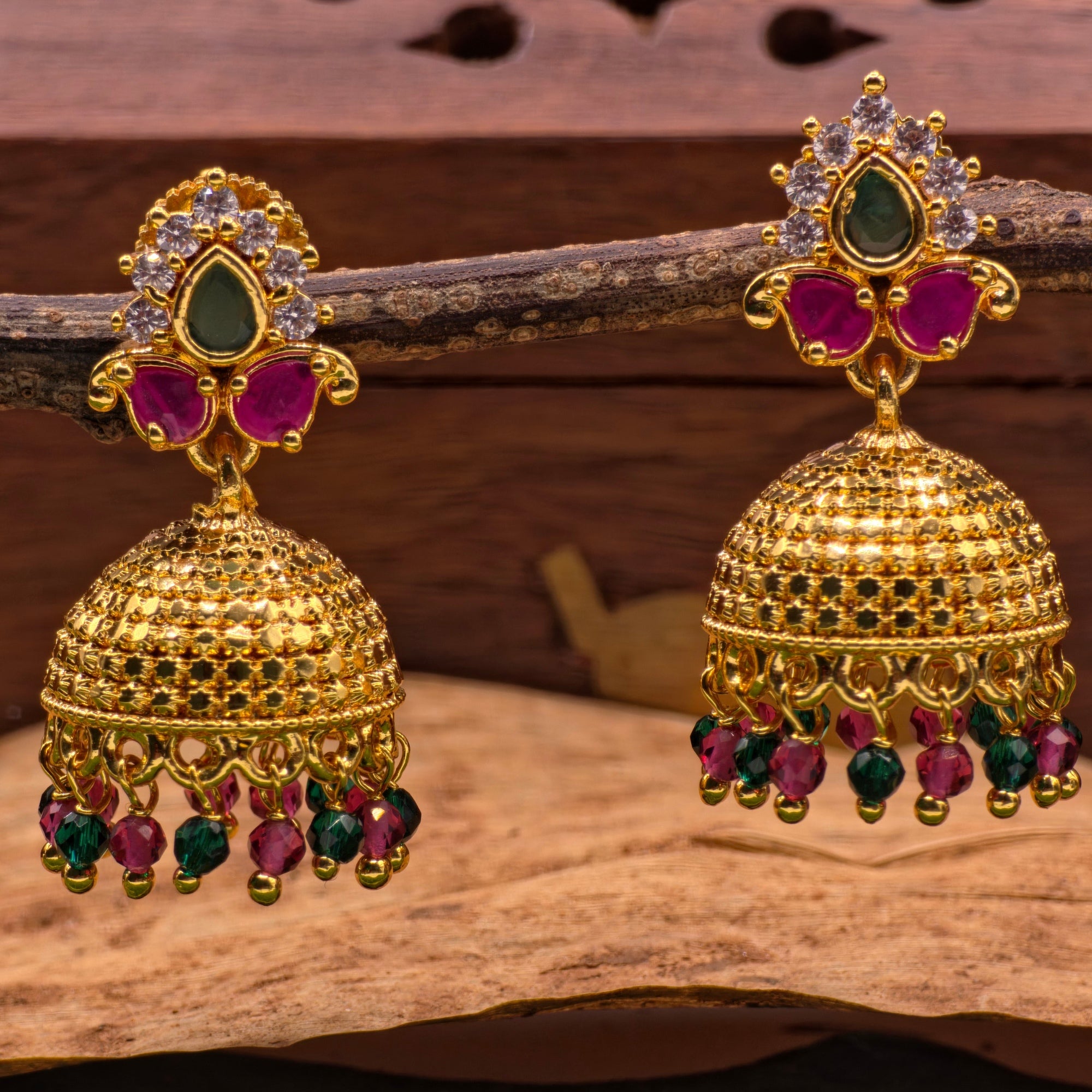 Royal Emerald Ruby CZ Jhumka Earrings (Small)