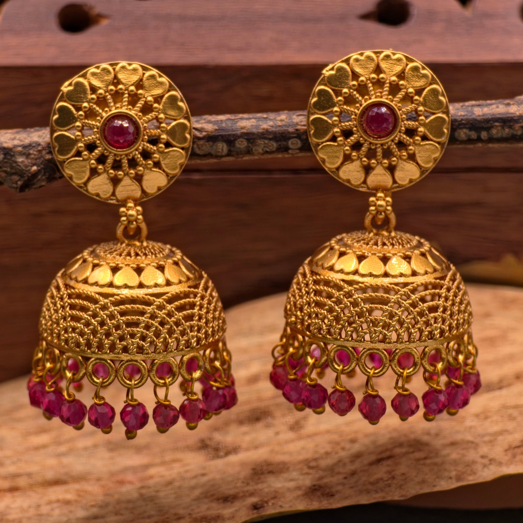 Antique Ruby Heart Jhumka Earrings (Medium)