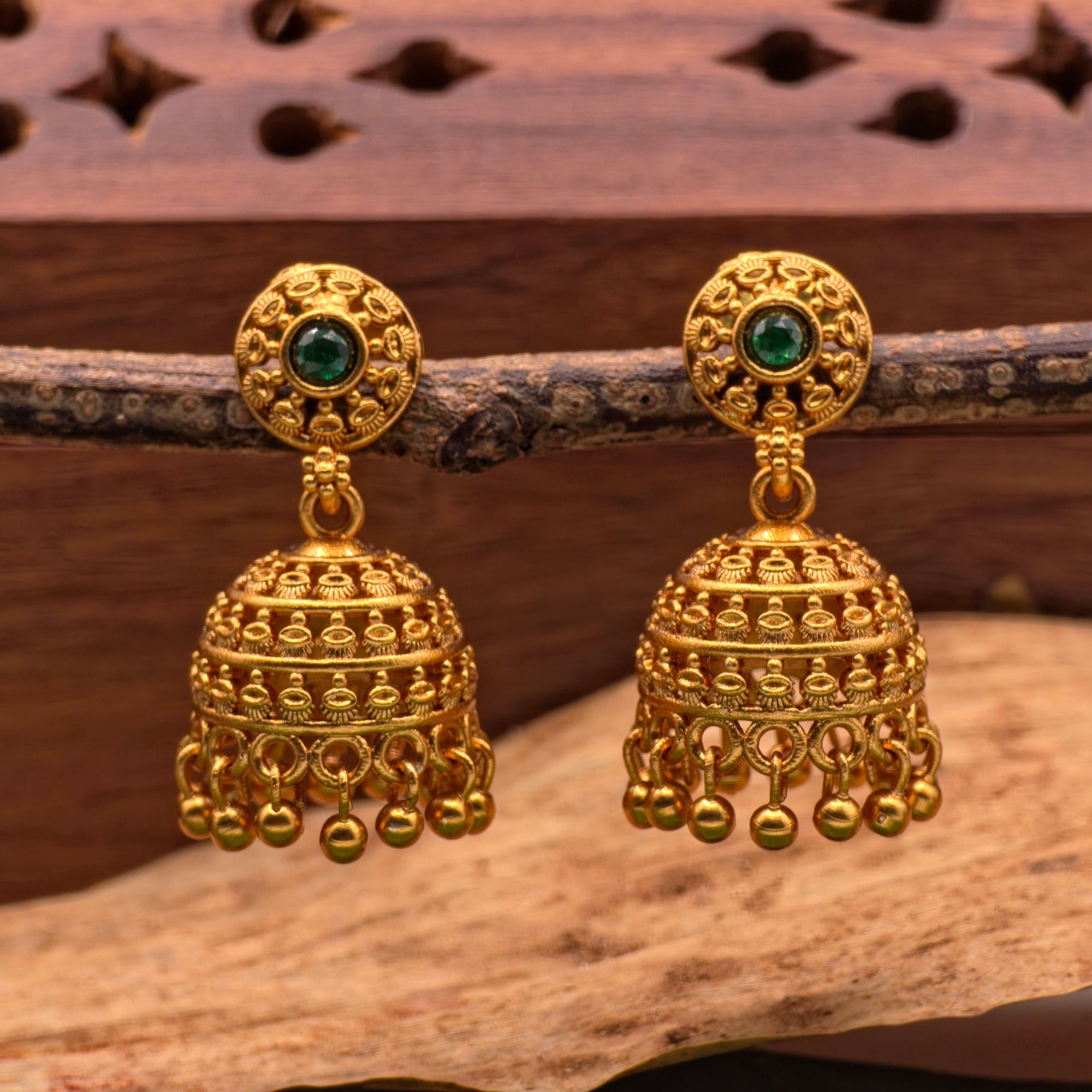 Antique Emerald Dome Jhumka Earrings (Small)