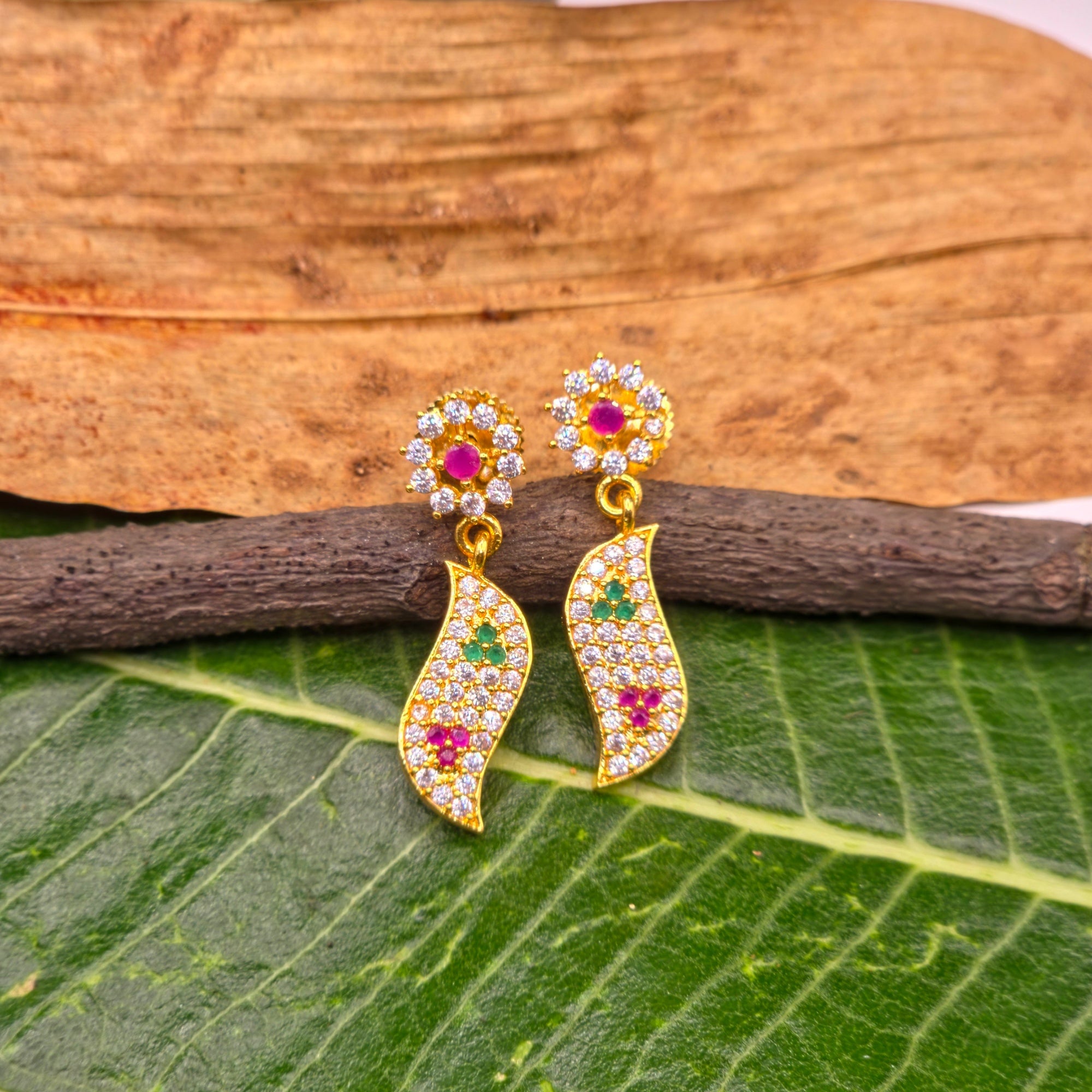 Emerald Ruby Leaf Drop AD Earrings