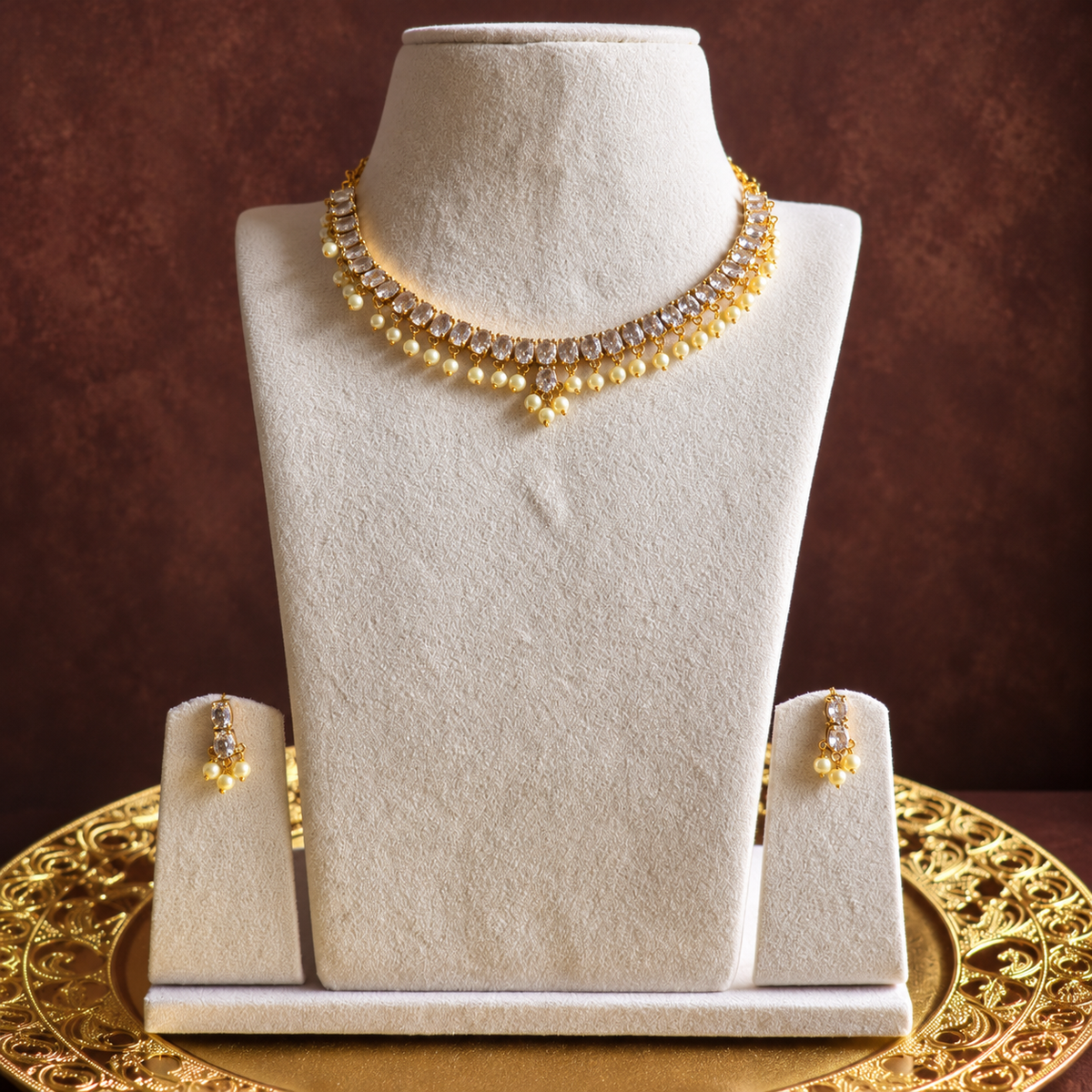 White Crystal Pearl Drop Choker Necklace Set